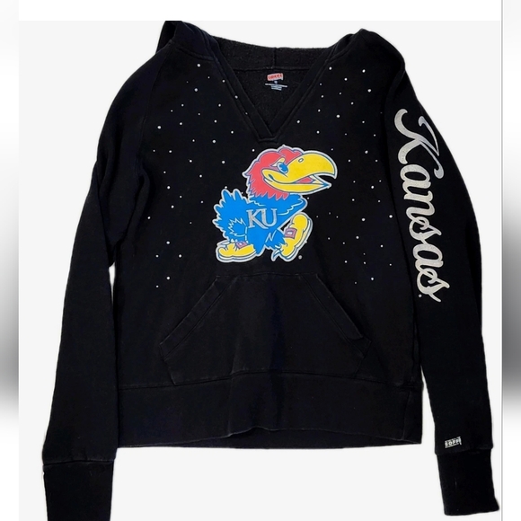 Kansas University Collegiate Hoodie W/ Embellished Rhinestones & Silver Letters - Picture 1 of 6